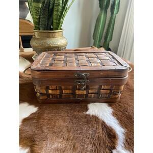 Vintage Woven Box With Latch Brass Handles Vintage Lidded Basket